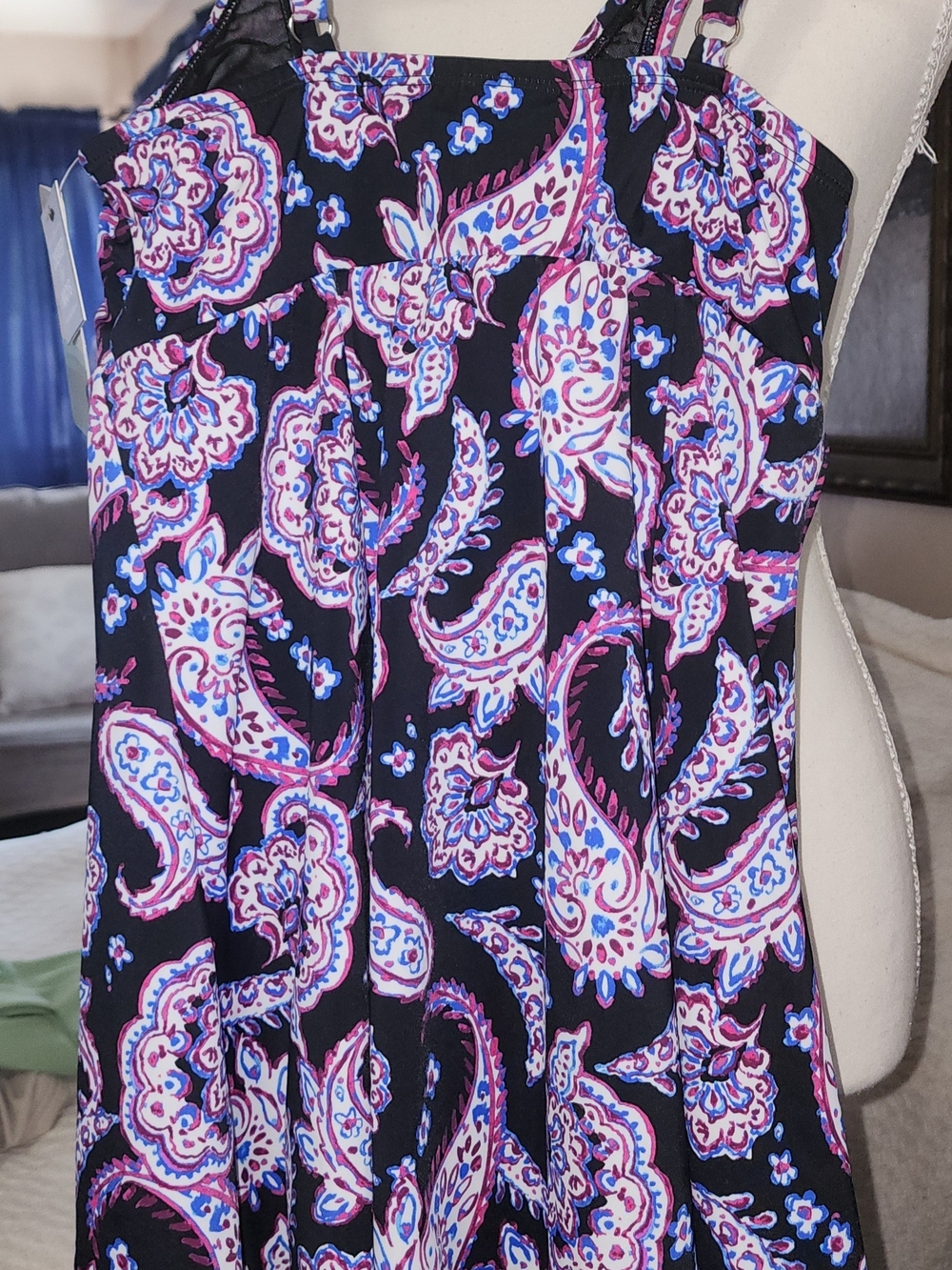 Swim Solutions Black Paisley Print Sundress with Pink & Blue Accents Sz 10